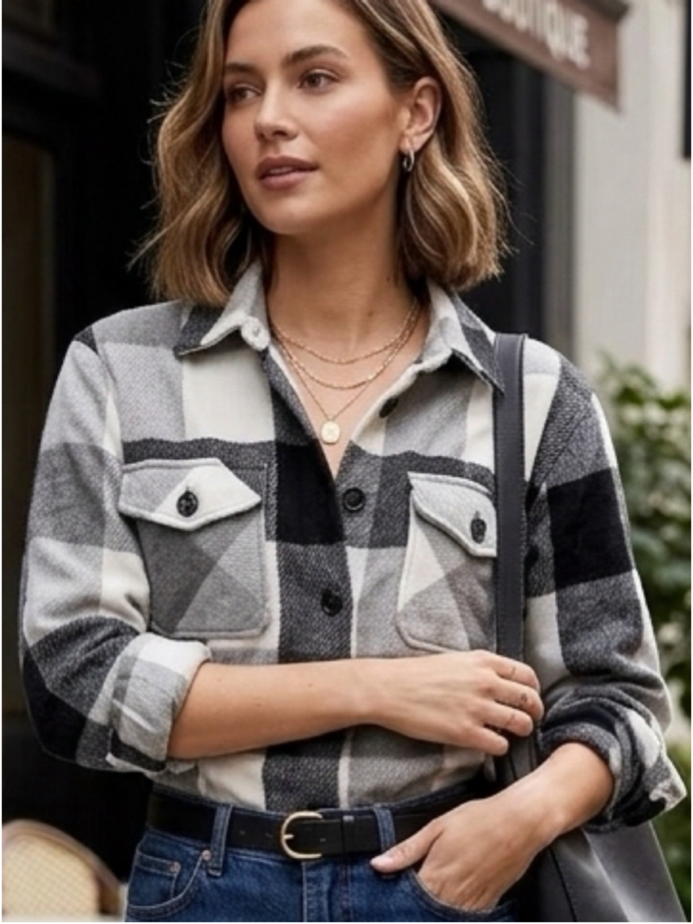 Thread & Supply Plaid Shacket Black Grey White Button Front Shirt Jacket S 1799